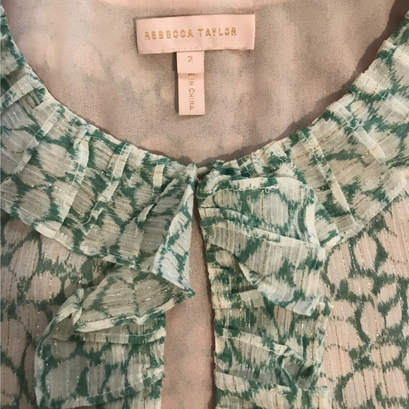 Rebecca Taylor Ikat Lurex Metallic Green/White Leaf Ruffle Blouse - Size 2 - Picture 7 of 12